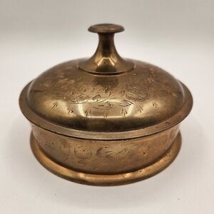 Brass Engraved Trinket Dish with Lid Round 5.25" Diameter Candy Jewelry Boho